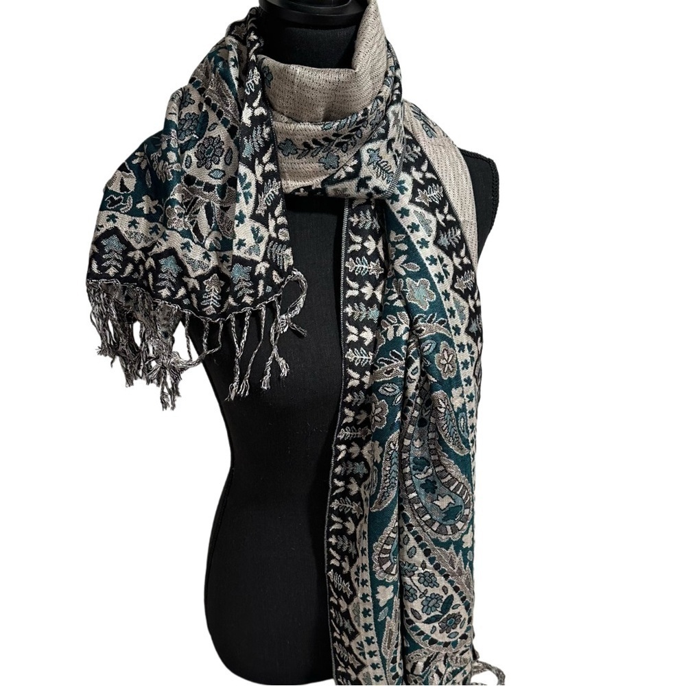 Elegant Shawl Wrap Scarf Double-Sided Super Soft Rayon Silver Emerald Green - Picture 8 of 17